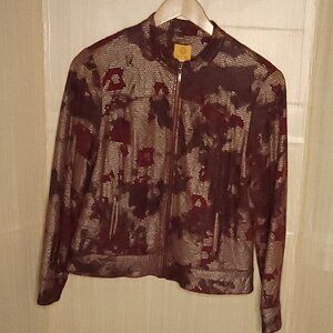 Ruby Rd. Red Gold Sequin Knit Full Zip Jacket 12